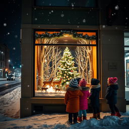 A captivating snowy night scene featuring a city street with a beautifully decorated Christmas window