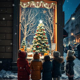 A captivating snowy night scene featuring a city street with a beautifully decorated Christmas window