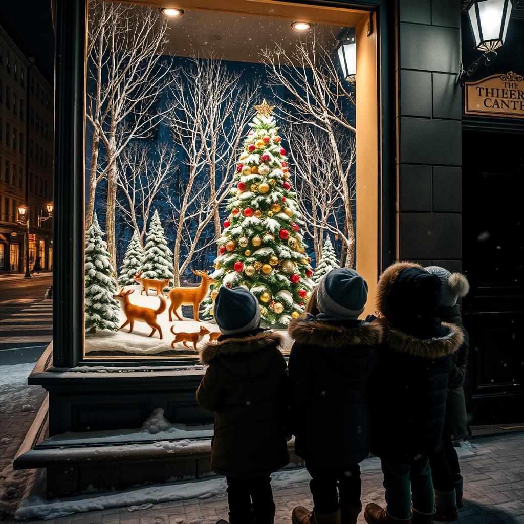 A captivating snowy night scene featuring a city street with a beautifully decorated Christmas window