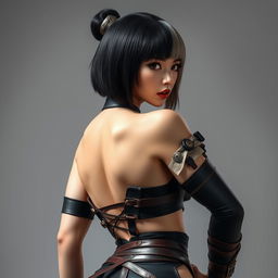 Chinese girl with a fierce, intense expression, featuring short, two-tone bob-style hair