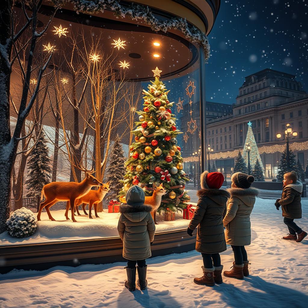 A captivating snowy night scene depicting a department store's Christmas window in the city