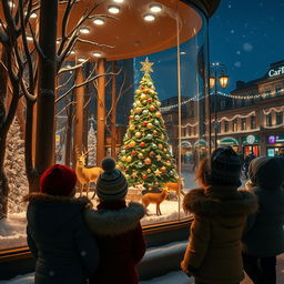 A captivating snowy night scene depicting a department store's Christmas window in the city