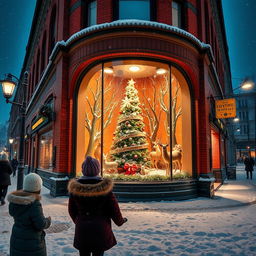 A picturesque snowy night scene in the city featuring a Jugendstil red brick department store with an enchanting Christmas window display