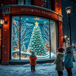 A picturesque snowy night scene in the city featuring a Jugendstil red brick department store with an enchanting Christmas window display