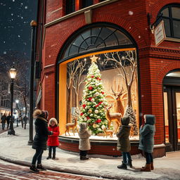 A picturesque snowy night scene in the city featuring a Jugendstil red brick department store with an enchanting Christmas window display