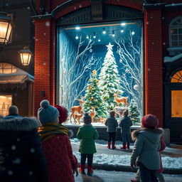 A picturesque snowy night scene in the city featuring a Jugendstil red brick department store with an enchanting Christmas window display