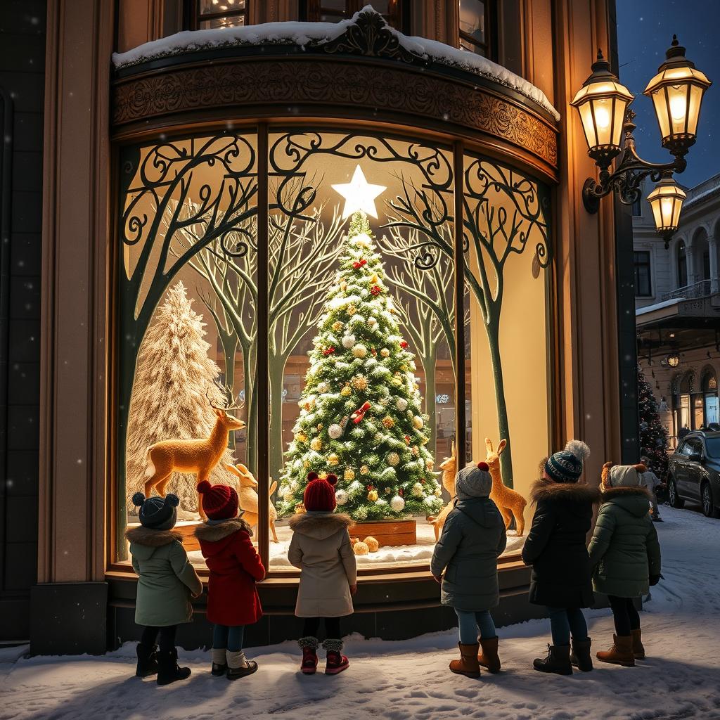 A picturesque snowy night scene in the city, highlighting a Jugendstil-inspired department store