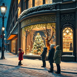 A picturesque snowy night scene in the city, highlighting a Jugendstil-inspired department store