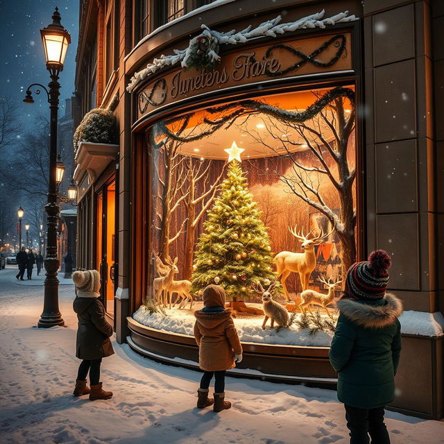 A picturesque snowy night scene in the city, highlighting a Jugendstil-inspired department store