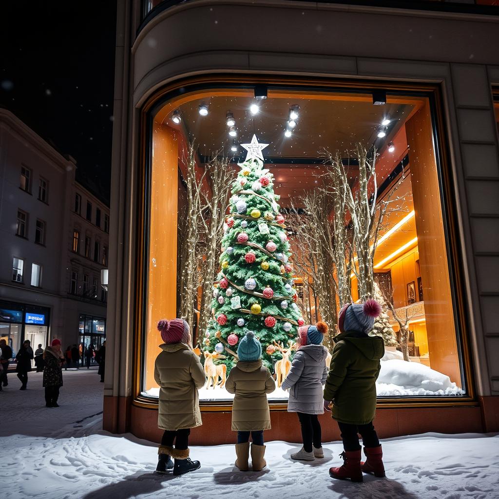 A scenic snowy night in the city showcasing a Scandinavian-style department store with a beautifully crafted Christmas window display