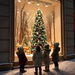 A scenic snowy night in the city showcasing a Scandinavian-style department store with a beautifully crafted Christmas window display