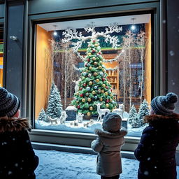 A scenic snowy night in the city showcasing a Scandinavian-style department store with a beautifully crafted Christmas window display