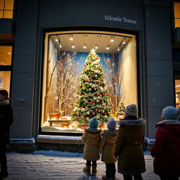 A scenic snowy night in the city showcasing a Scandinavian-style department store with a beautifully crafted Christmas window display