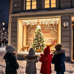 A charming snowy night in Helsinki, capturing the essence of a Scandinavian department store