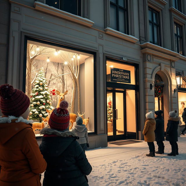 A charming snowy night in Helsinki, capturing the essence of a Scandinavian department store