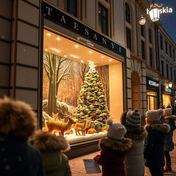 A charming snowy night in Helsinki, capturing the essence of a Scandinavian department store