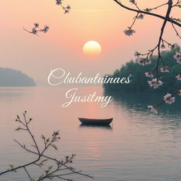 An enchanting and calming music album cover with a serene landscape, featuring a tranquil sunset over a peaceful lake surrounded by lush greenery