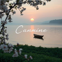 An enchanting and calming music album cover with a serene landscape, featuring a tranquil sunset over a peaceful lake surrounded by lush greenery