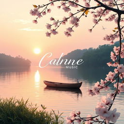 An enchanting and calming music album cover with a serene landscape, featuring a tranquil sunset over a peaceful lake surrounded by lush greenery