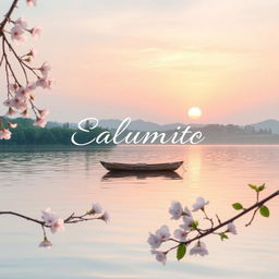 An enchanting and calming music album cover with a serene landscape, featuring a tranquil sunset over a peaceful lake surrounded by lush greenery