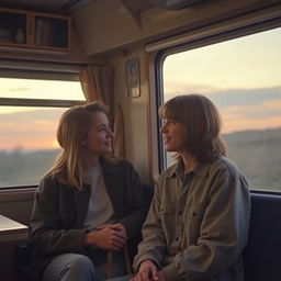 A cinematic scene inspired by the film "Before Sunrise," featuring a young couple deeply engaged in conversation on a picturesque European train