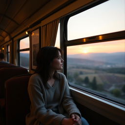 A cinematic scene inspired by the film "Before Sunrise," featuring a young couple deeply engaged in conversation on a picturesque European train