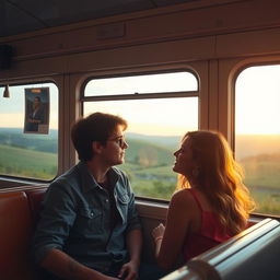 A cinematic scene inspired by the film "Before Sunrise," featuring a young couple deeply engaged in conversation on a picturesque European train