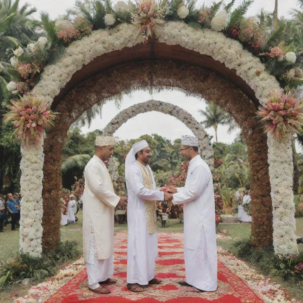 A couple in a unique take on the traditional Indonesian Nikah wedding ceremony, taking vows under an intricate arch, surrounded by attendees brandishing symbolic paku coblos instead of the traditional pedang pora swords.