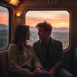 A cinematic scene inspired by the film "Before Sunrise," featuring a young couple deeply engaged in conversation on a picturesque European train