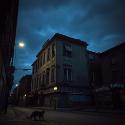 A dark and moody urban neighborhood with a five-story building