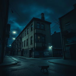 A dark and moody urban neighborhood with a five-story building