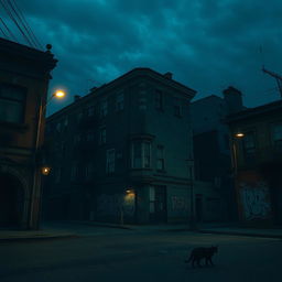 A dark and moody urban neighborhood with a five-story building