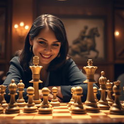 A cinematic scene depicting a victorious chess player having successfully executed the Queen's Gambit, with the chessboard in focus showing the final move