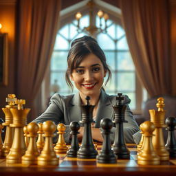 A cinematic scene depicting a victorious chess player having successfully executed the Queen's Gambit, with the chessboard in focus showing the final move