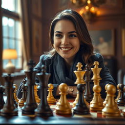 A cinematic scene depicting a victorious chess player having successfully executed the Queen's Gambit, with the chessboard in focus showing the final move