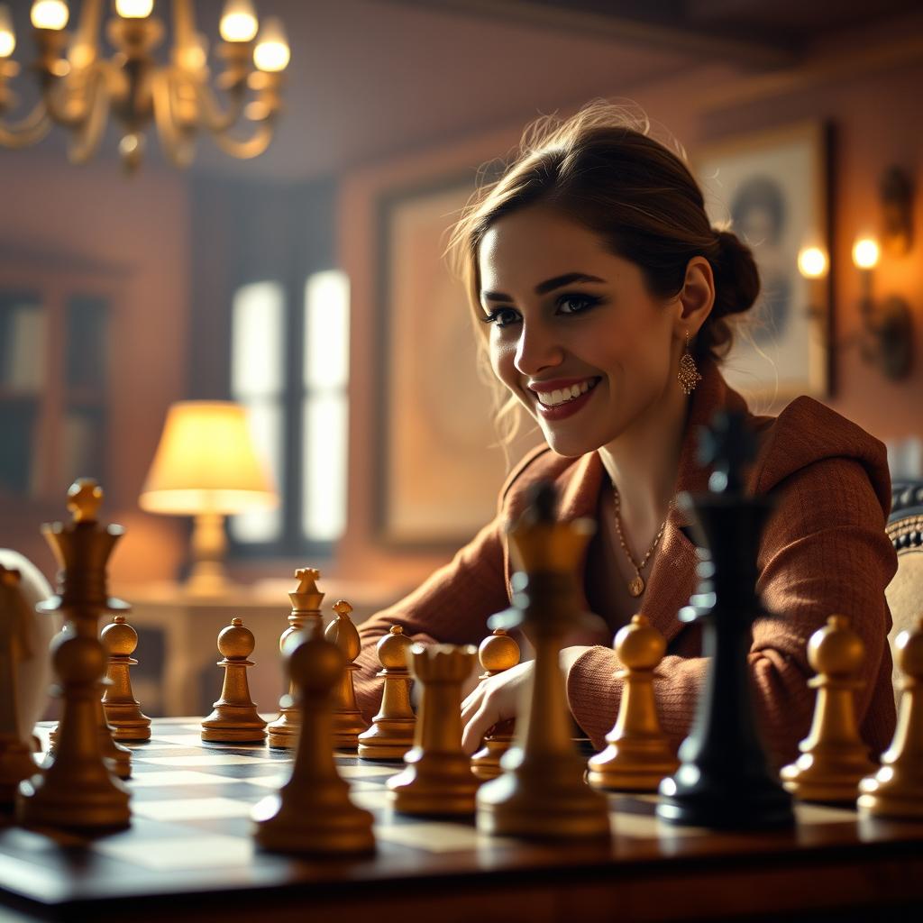 A cinematic scene depicting a victorious chess player having successfully executed the Queen's Gambit, with the chessboard in focus showing the final move