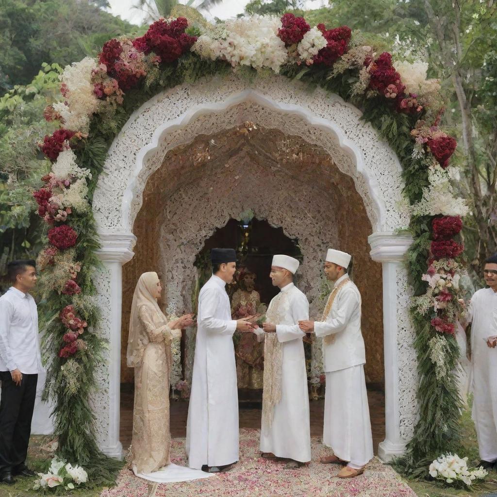 A couple in a unique take on the traditional Indonesian Nikah wedding ceremony, taking vows under an intricate arch, surrounded by attendees brandishing symbolic paku coblos instead of the traditional pedang pora swords.