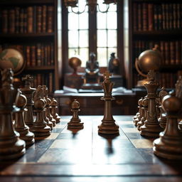 A chessboard displaying a King's Gambit opening in progress, with elegantly carved wooden chess pieces