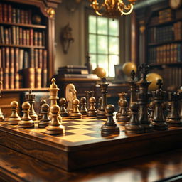 A chessboard displaying a King's Gambit opening in progress, with elegantly carved wooden chess pieces