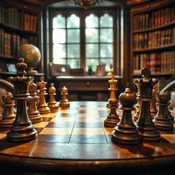 A chessboard displaying a King's Gambit opening in progress, with elegantly carved wooden chess pieces