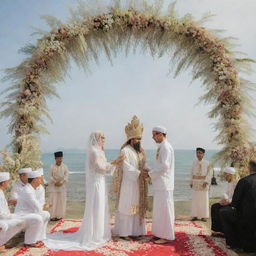 A couple in a unique take on the traditional Indonesian Nikah wedding ceremony, taking vows under an intricate arch, surrounded by attendees brandishing symbolic paku coblos instead of the traditional pedang pora swords.