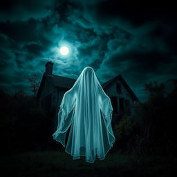 A ghostly figure hovering in front of an abandoned house in the dead of night