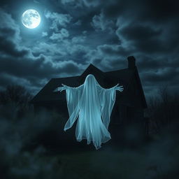 A ghostly figure hovering in front of an abandoned house in the dead of night