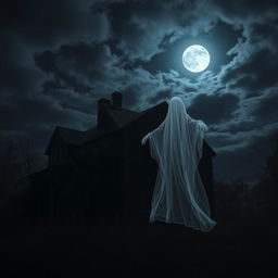 A ghostly figure hovering in front of an abandoned house in the dead of night