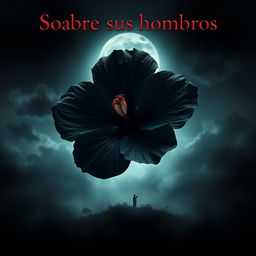 A horror movie poster titled "Sobre sus hombros" showcasing a gigantic black hibiscus flower as the central element