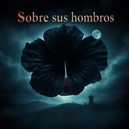 A horror movie poster titled "Sobre sus hombros" showcasing a gigantic black hibiscus flower as the central element