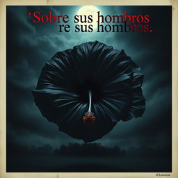 A horror movie poster titled "Sobre sus hombros" showcasing a gigantic black hibiscus flower as the central element