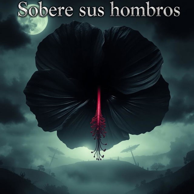 A horror movie poster titled "Sobre sus hombros" showcasing a gigantic black hibiscus flower as the central element