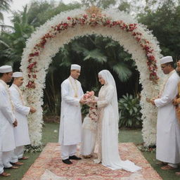 A couple in a unique take on the traditional Indonesian Nikah wedding ceremony, taking vows under an intricate arch, surrounded by attendees brandishing symbolic paku coblos instead of the traditional pedang pora swords.