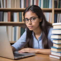 A young woman, engrossed in studying software engineering, surrounded by books and a laptop. She has a concentrated yet hopeful expression. Image should fit in a profile picture format.